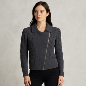 St John Womens P Grey Cable Knit Moto Zip Wool Cropped‎ Sweater 2010